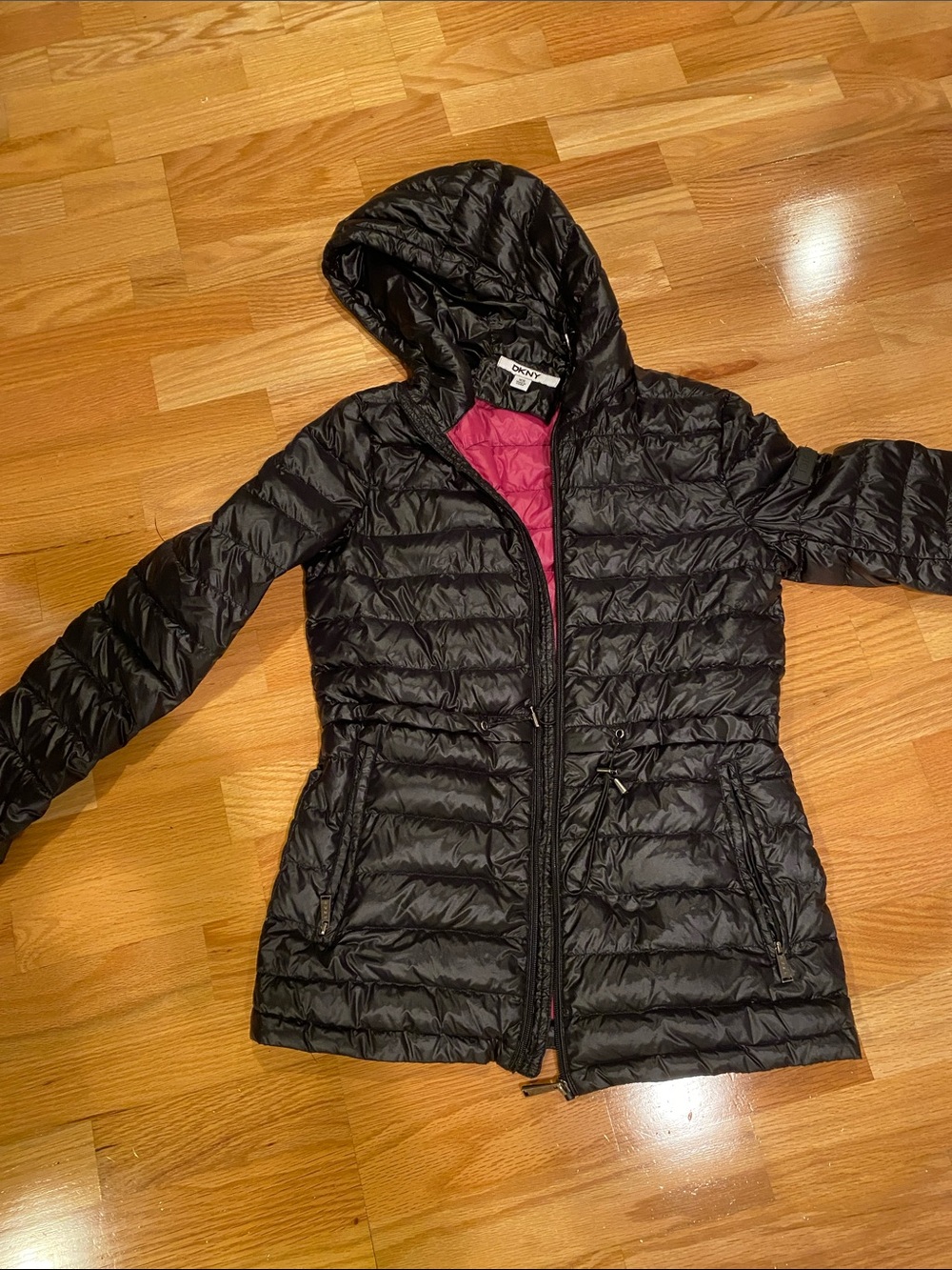 DKNY Black Hooded Puffer Coat with Pink Lining